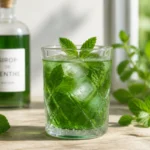 Verre de sirop de menthe sans sucre rafraîchissant avec glaçons et feuilles de menthe sur une table en bois.