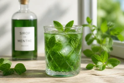 Verre de sirop de menthe sans sucre rafraîchissant avec glaçons et feuilles de menthe sur une table en bois.