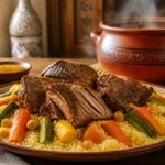 Quelle viande pour le couscous marocain, morceaux tendres mijotés sur semoule, légumes colorés et pois chiches
