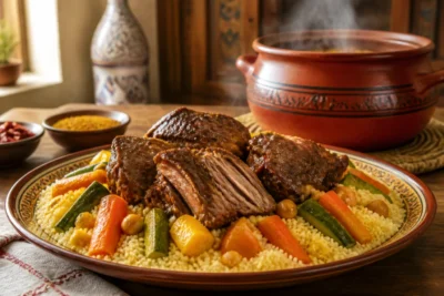 Quelle viande pour le couscous marocain, morceaux tendres mijotés sur semoule, légumes colorés et pois chiches