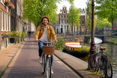 Cycliste à Amsterdam le long des canaux, entre maisons historiques et pont pittoresque, idéal pour visiter Amsterdam en 3 jours