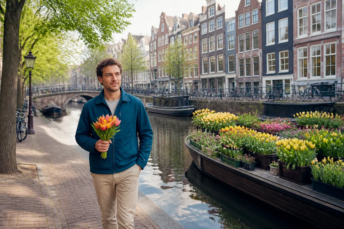 Visiter Amsterdam en 3 jours : voyageur marchant le long des canaux près du marché aux fleurs du Singel