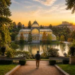 Voyageur dans le parc du Retiro à Madrid, face au Palais de Cristal au coucher du soleil, pour visiter Madrid en 3 jours