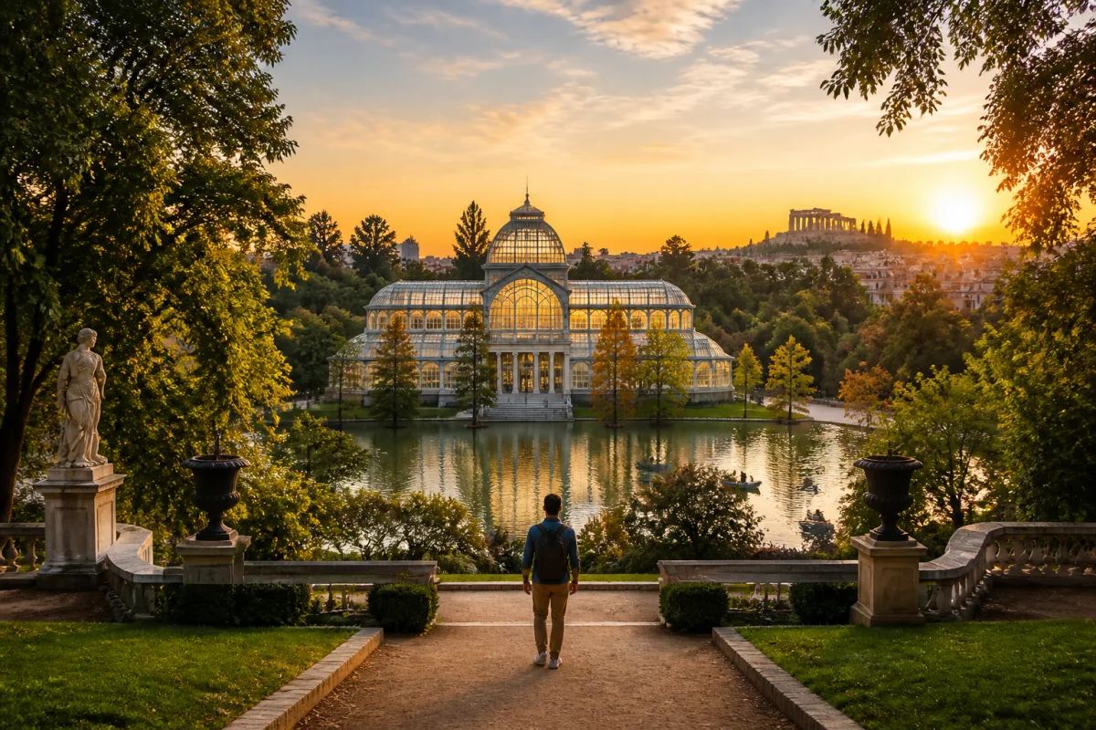 Voyageur dans le parc du Retiro à Madrid, face au Palais de Cristal au coucher du soleil, pour visiter Madrid en 3 jours