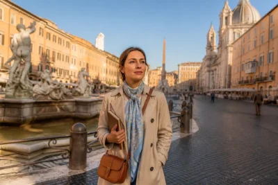 Voyageuse élégante visitant la Piazza Navona lors d'un séjour pour visiter Rome en 3 jours.