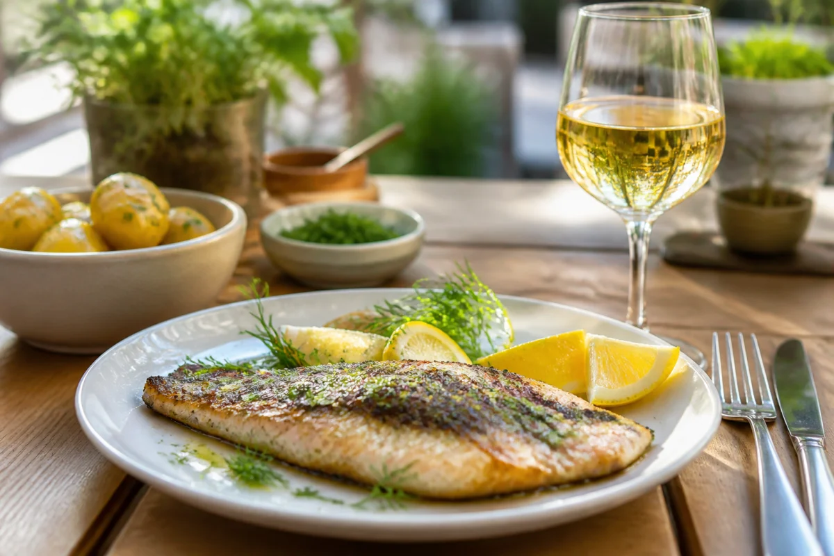 Accords mets vins faciles avec filet de truite grillé, citron, herbes fraîches et verre de vin blanc sur terrasse boisée
