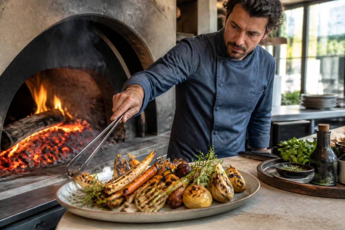 Almacen à Cirès : chef cuisinant un plat gastronomique créatif au feu de bois, entre braises et légumes rôtis