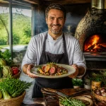 Chef présentant une cuisine créative aux produits locaux devant le four à bois d’Almacen à Cirès