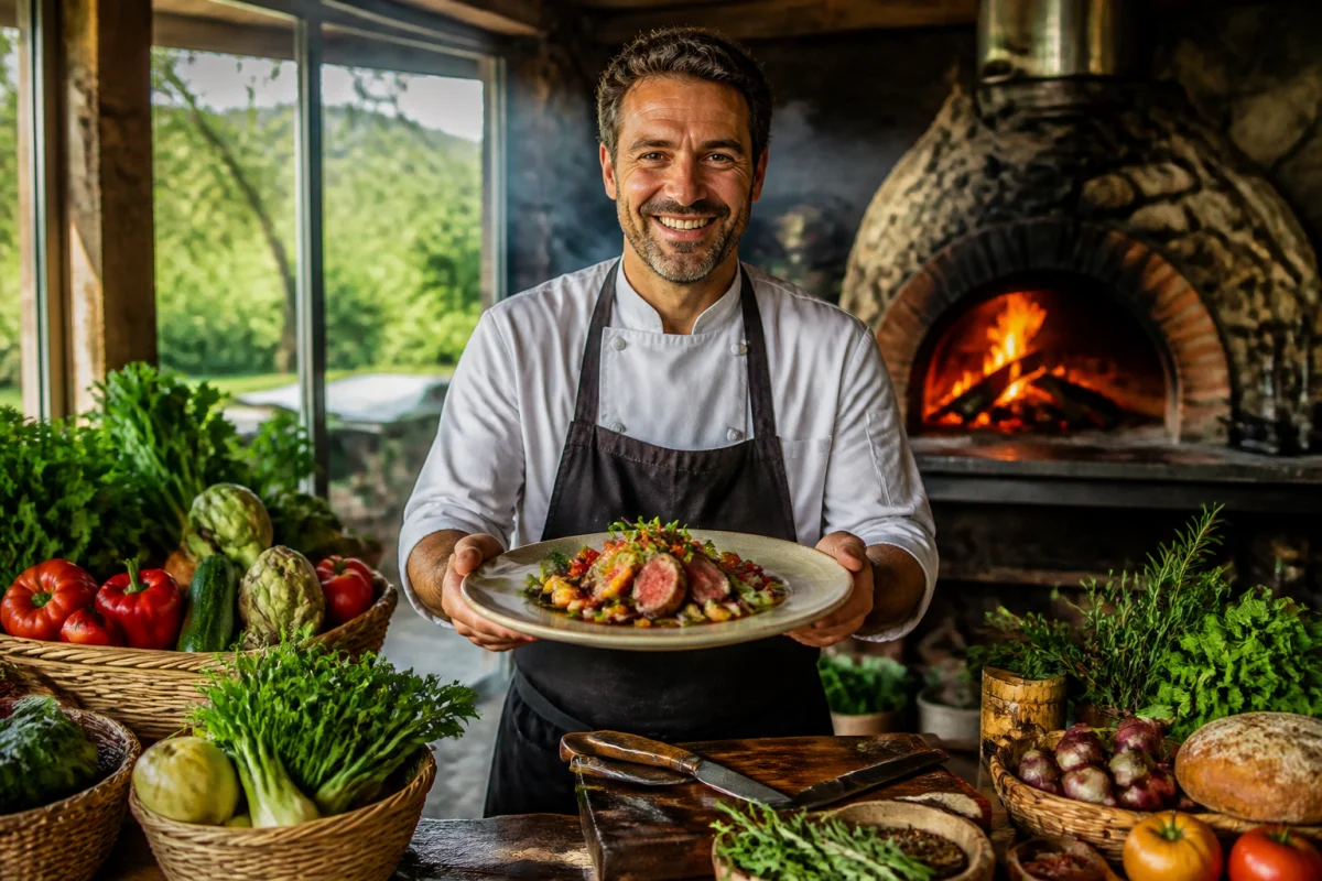 Chef présentant une cuisine créative aux produits locaux devant le four à bois d’Almacen à Cirès