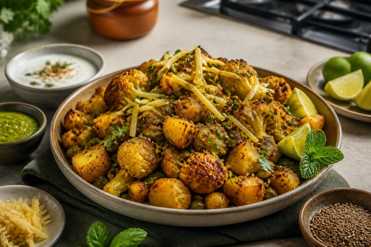 Aloo gobi végétarien rôti, recette de cuisine indienne avec pommes de terre, chou-fleur, menthe et citron