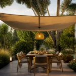 Coin repas extérieur aménagé avec table pour six personnes, voile d’ombrage, vaisselle et jardin verdoyant