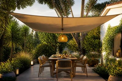 Coin repas extérieur aménagé avec table pour six personnes, voile d’ombrage, vaisselle et jardin verdoyant