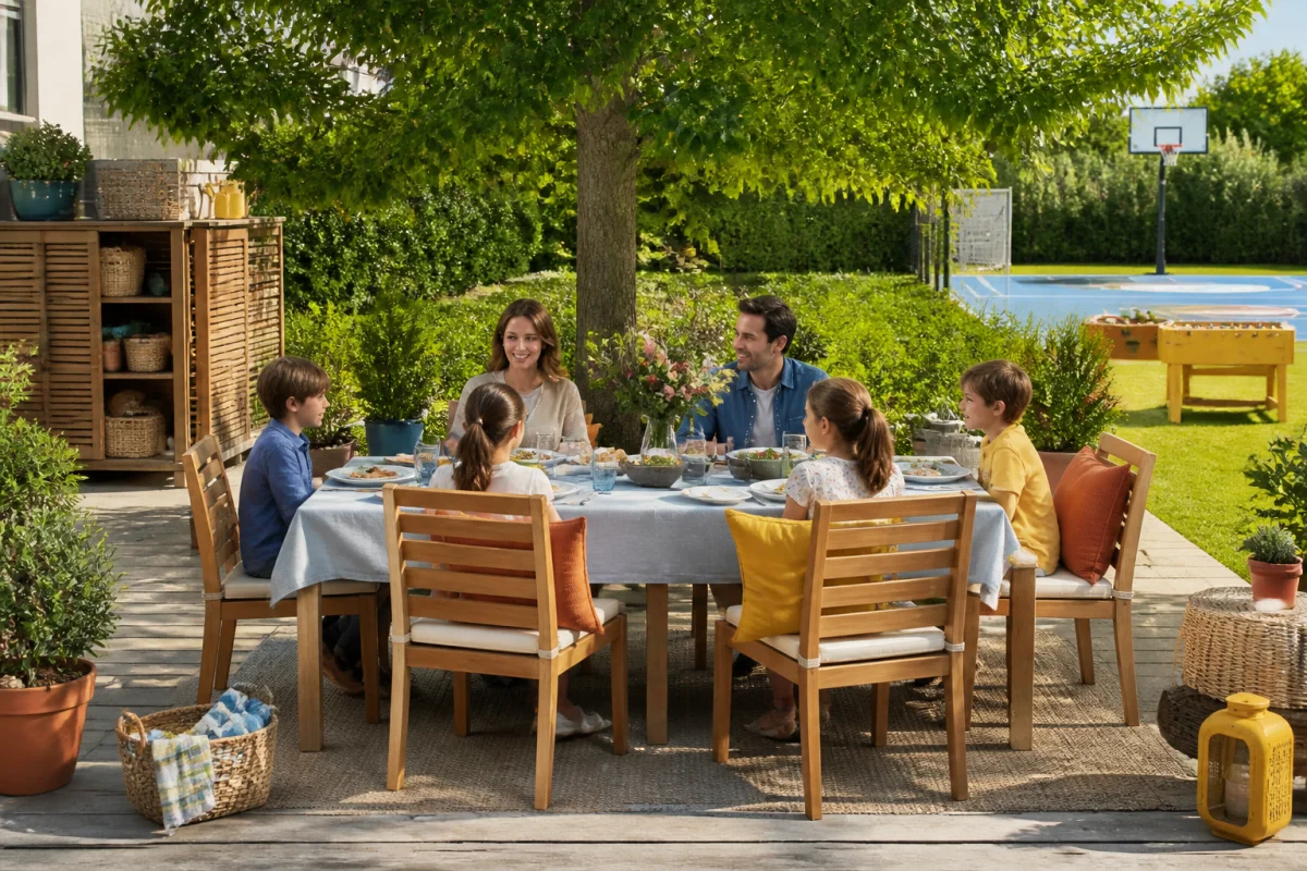 Coin repas extérieur convivial avec table en bois, six chaises et famille réunie dans un jardin verdoyant.