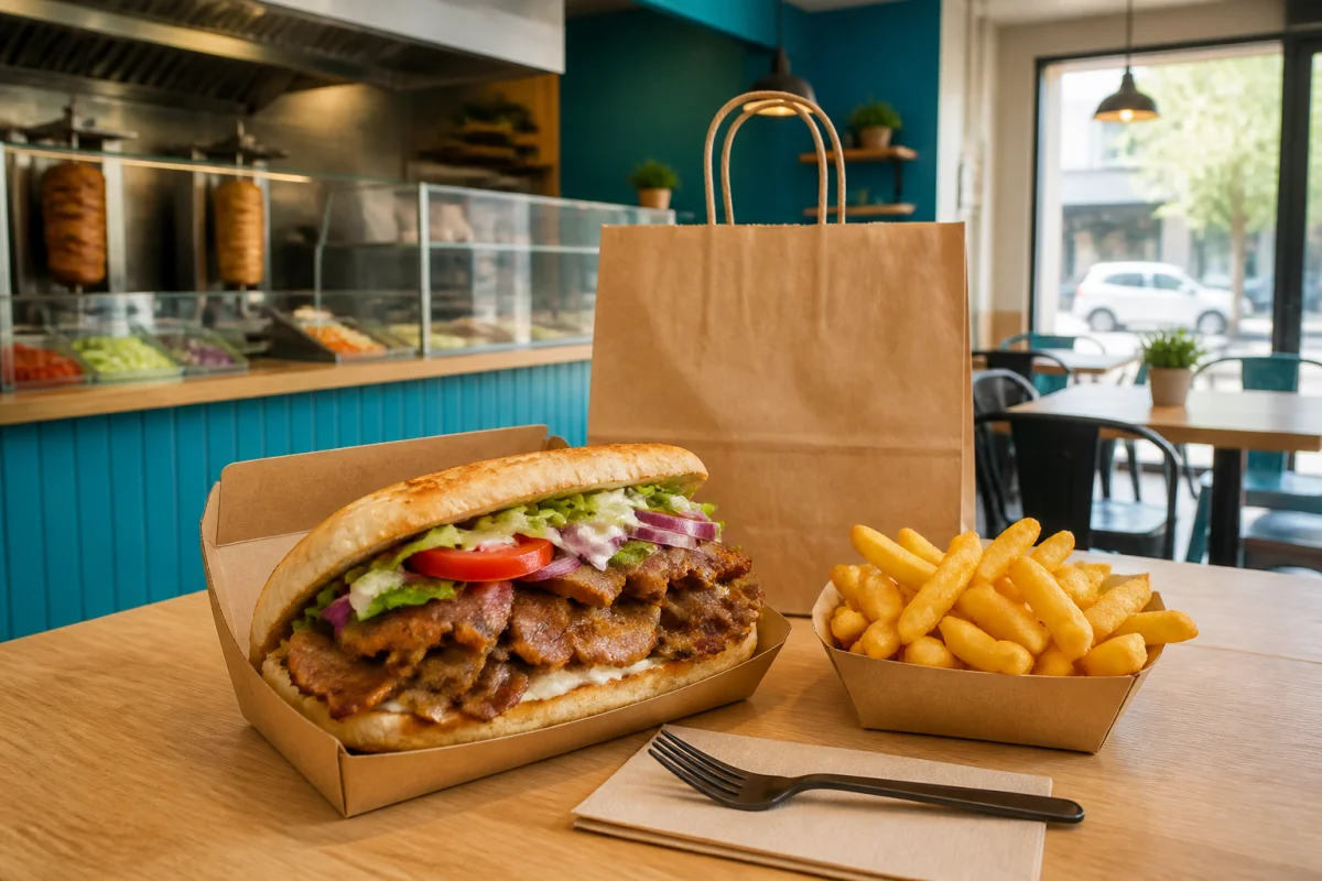 Ankara Kebab Givors : sandwich kebab garni, frites et emballage à emporter au comptoir de la sandwicherie