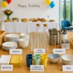 Matériel organisé pour l’approvisionnement d’un buffet d’anniversaire en entreprise, avec vaisselle, verres et accessoires de service