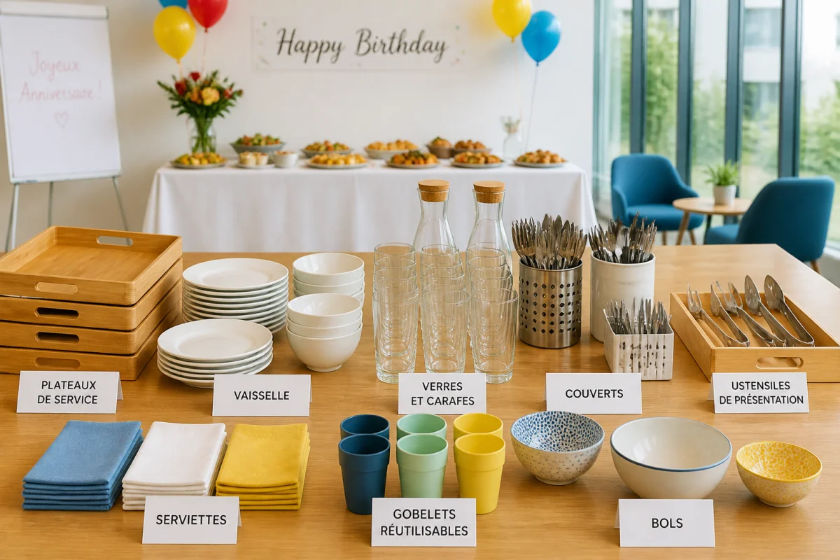 Matériel organisé pour l’approvisionnement d’un buffet d’anniversaire en entreprise, avec vaisselle, verres et accessoires de service
