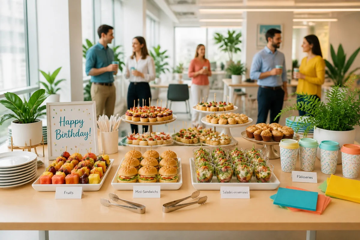 Buffet d’anniversaire en entreprise avec bouchées individuelles et mini-sandwichs, présenté dans une salle de pause lumineuse et conviviale