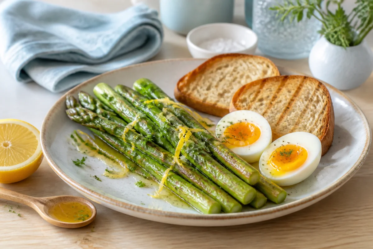 Asperges vertes rôties avec œufs mollets, vinaigrette citronnée et pain grillé, pour des recettes de cuisine de saison.