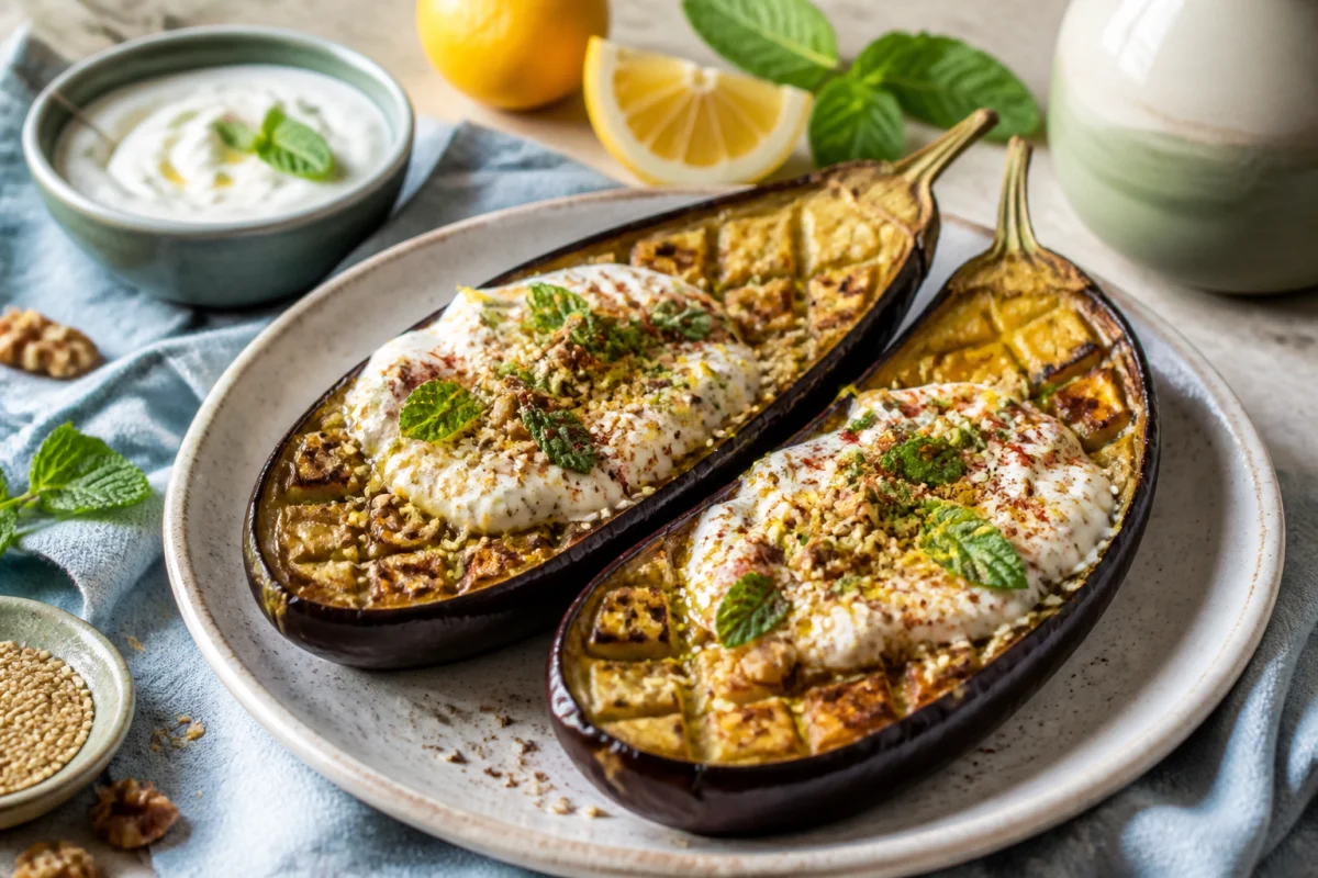 Aubergines rôties garnies de yaourt citronné, menthe fraîche et sésame, recette de cuisine méditerranéenne maison
