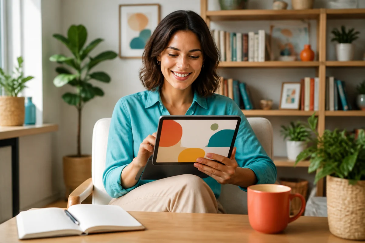 Bar Bisou : personne souriante consultant une plateforme conviviale sur tablette, dans un intérieur lumineux aux plantes vertes.