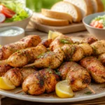Brochettes de poulet marinées et grillées, servies avec salade, pain frais et sauces pour un repas convivial à partager