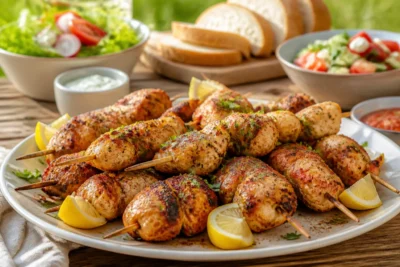 Brochettes de poulet marinées et grillées, servies avec salade, pain frais et sauces pour un repas convivial à partager