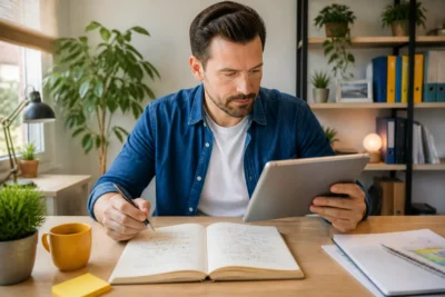Buvette Du Plandeau : personne lisant un article sur tablette, carnet annoté et espace de travail lumineux.