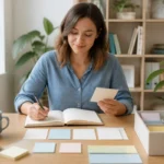 C'est tout pre : personne sereine organisant un carnet et des fiches utiles dans un espace de travail lumineux.