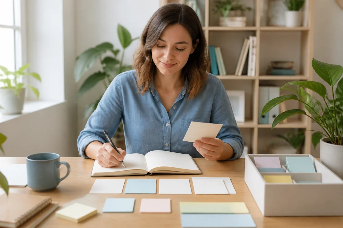 C'est tout pre : personne sereine organisant un carnet et des fiches utiles dans un espace de travail lumineux.