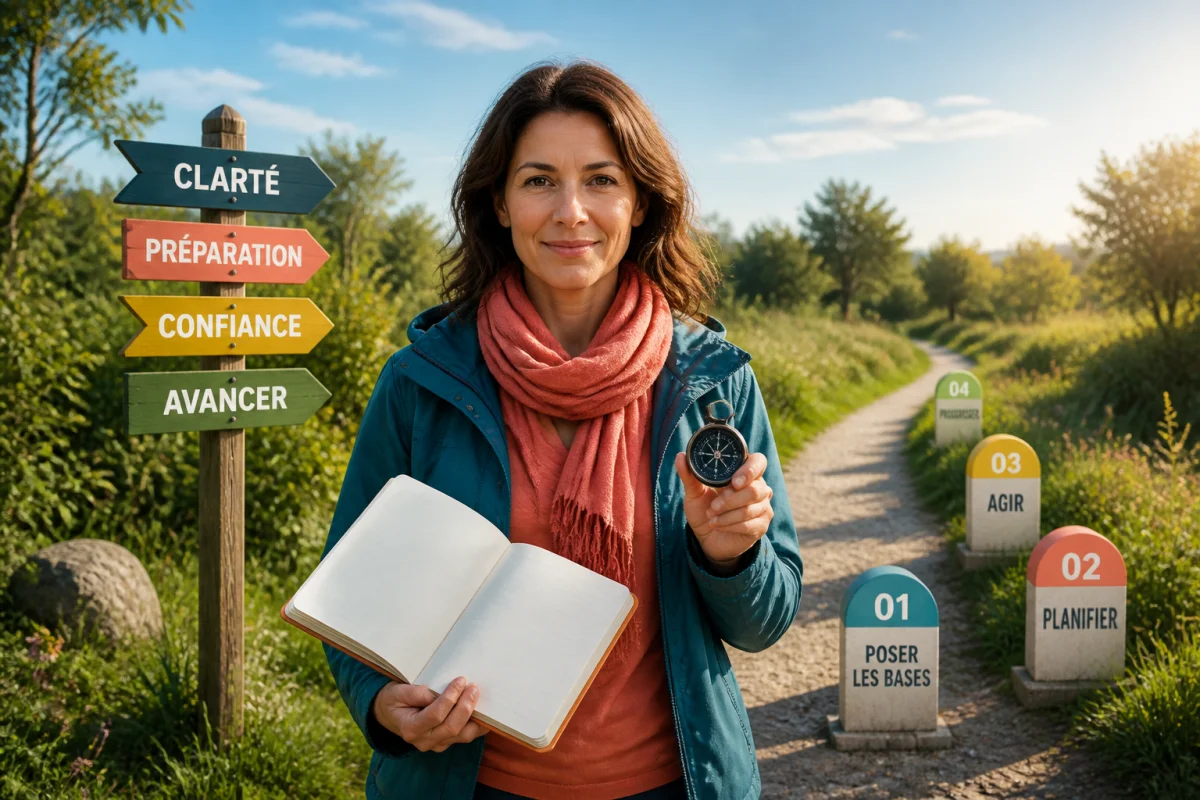 C’est tout pre : personne sereine tenant un carnet-guide et une boussole sur un chemin balisé.