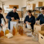 Équipe du Chaînon Charentais préparant bouteilles et carafes dans un atelier logistique organisé et professionnel