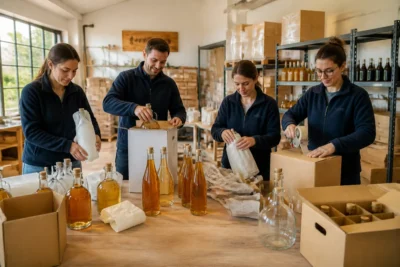 Équipe du Chaînon Charentais préparant bouteilles et carafes dans un atelier logistique organisé et professionnel