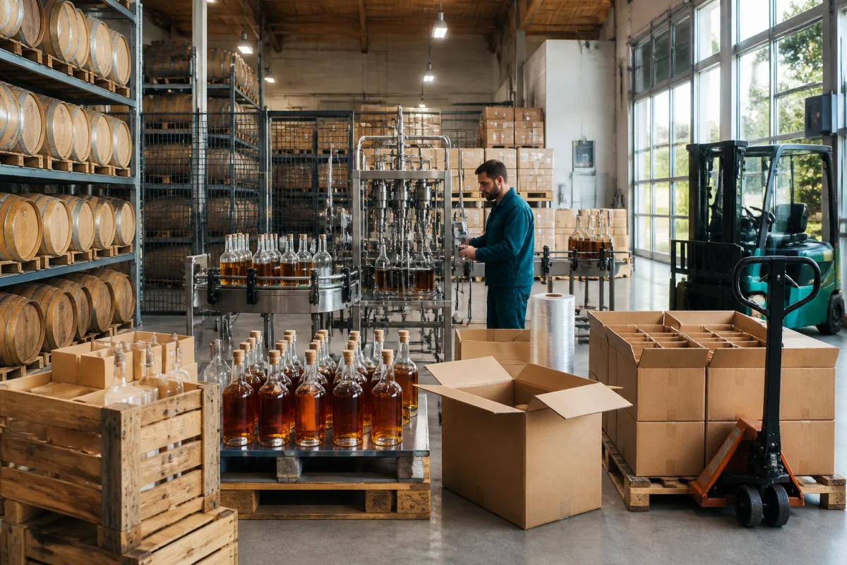 Le Chaînon Charentais : chaîne complète d’embouteillage, stockage sécurisé et préparation de bouteilles d’alcool pour expédition