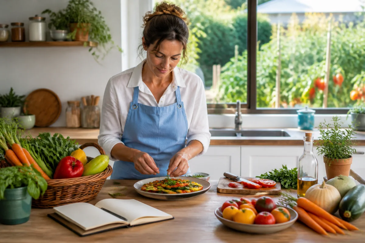 Chez Minotte, personne prépare un plat coloré avec des légumes frais récoltés dans son potager domestique