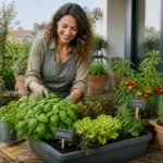 Chez Minotte, jardinière cultivant basilic, tomates cerises et salades sur une terrasse lumineuse.