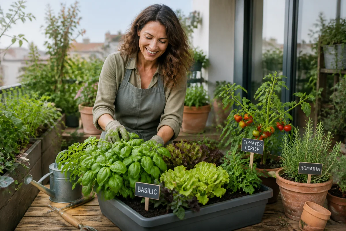 Chez Minotte, jardinière cultivant basilic, tomates cerises et salades sur une terrasse lumineuse.