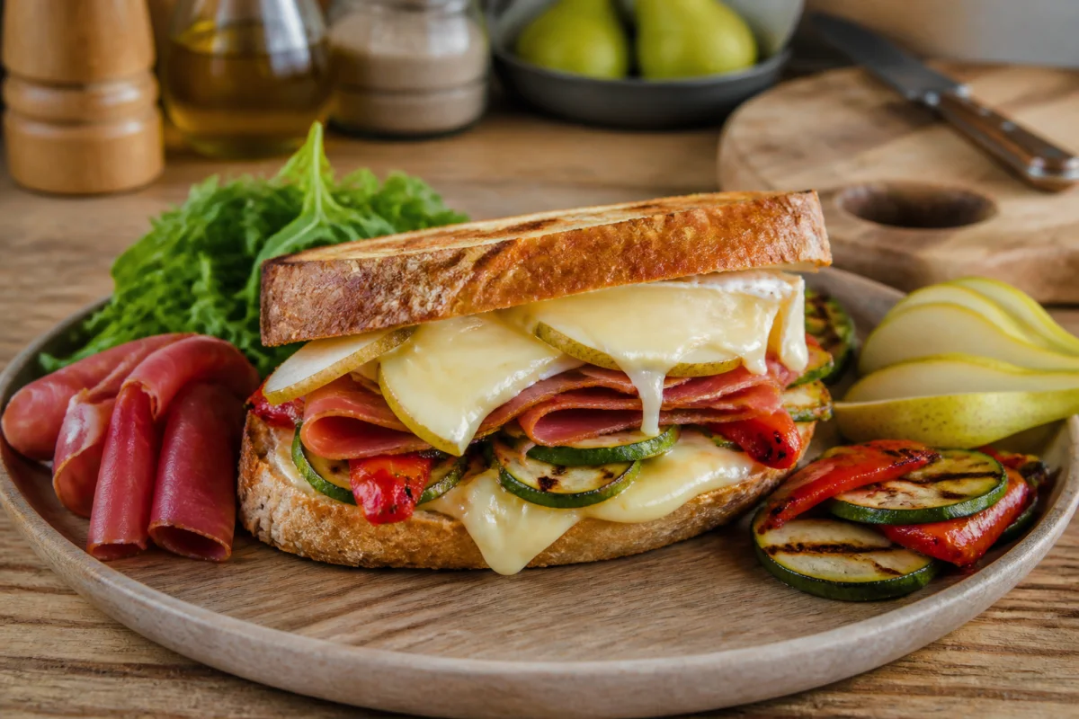 Sandwich chaud au fromage fondant, accompagné de poire, légumes grillés et charcuterie, illustrant comment choisir un fromage pour cuisiner