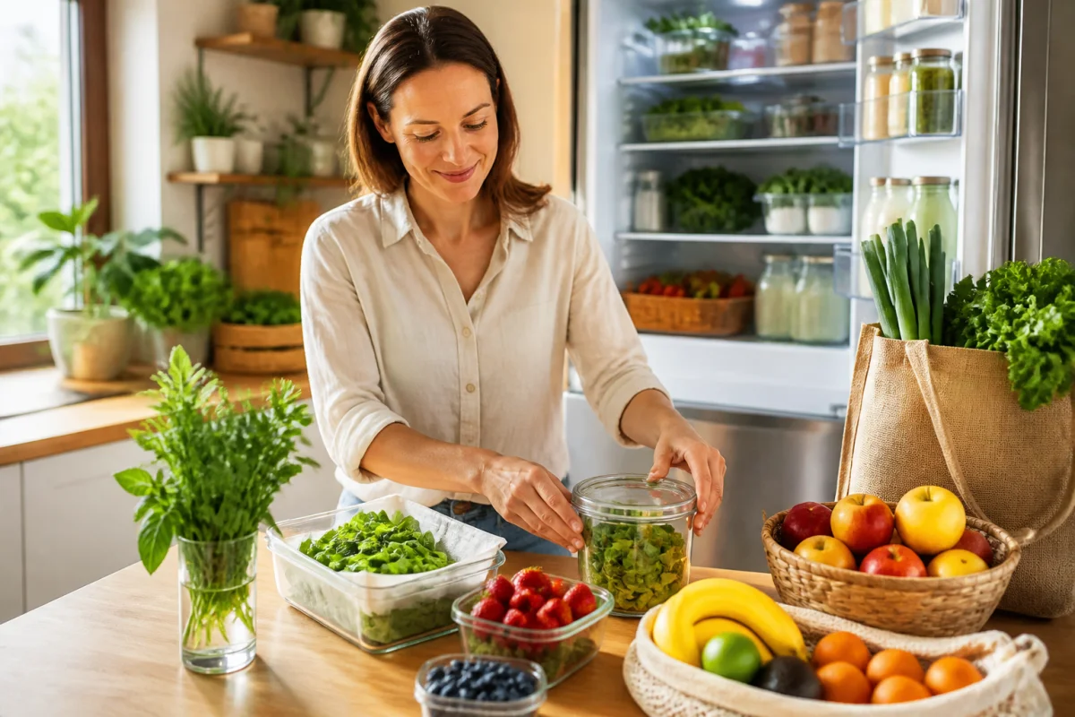 Comment choisir des produits frais et locaux : rangement organisé des herbes, salades, fruits et légumes après les courses