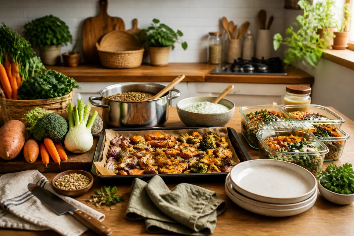 Cuisine française de saison avec légumes rôtis, lentilles, sauce froide et préparations maison sur un plan de travail en bois