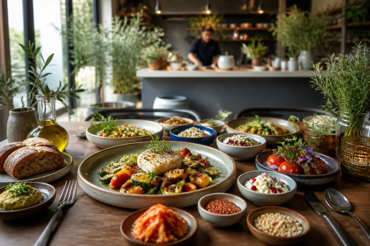 Table raffinée de cuisine méditerranéenne fusion avec poisson, légumes grillés, céréales, herbes fraîches et sauces originales