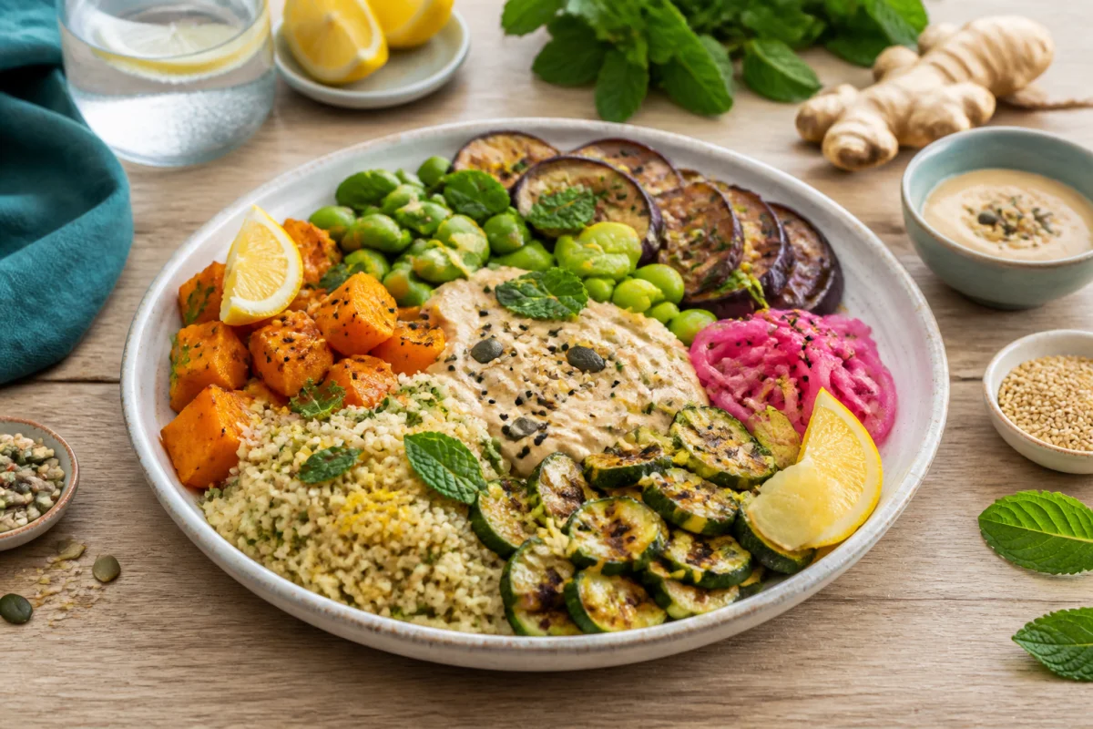 Assiette végétarienne de cuisine méditerranéenne fusion avec boulgour, légumes grillés, edamame, herbes fraîches et sauce tahini citron-gingembre