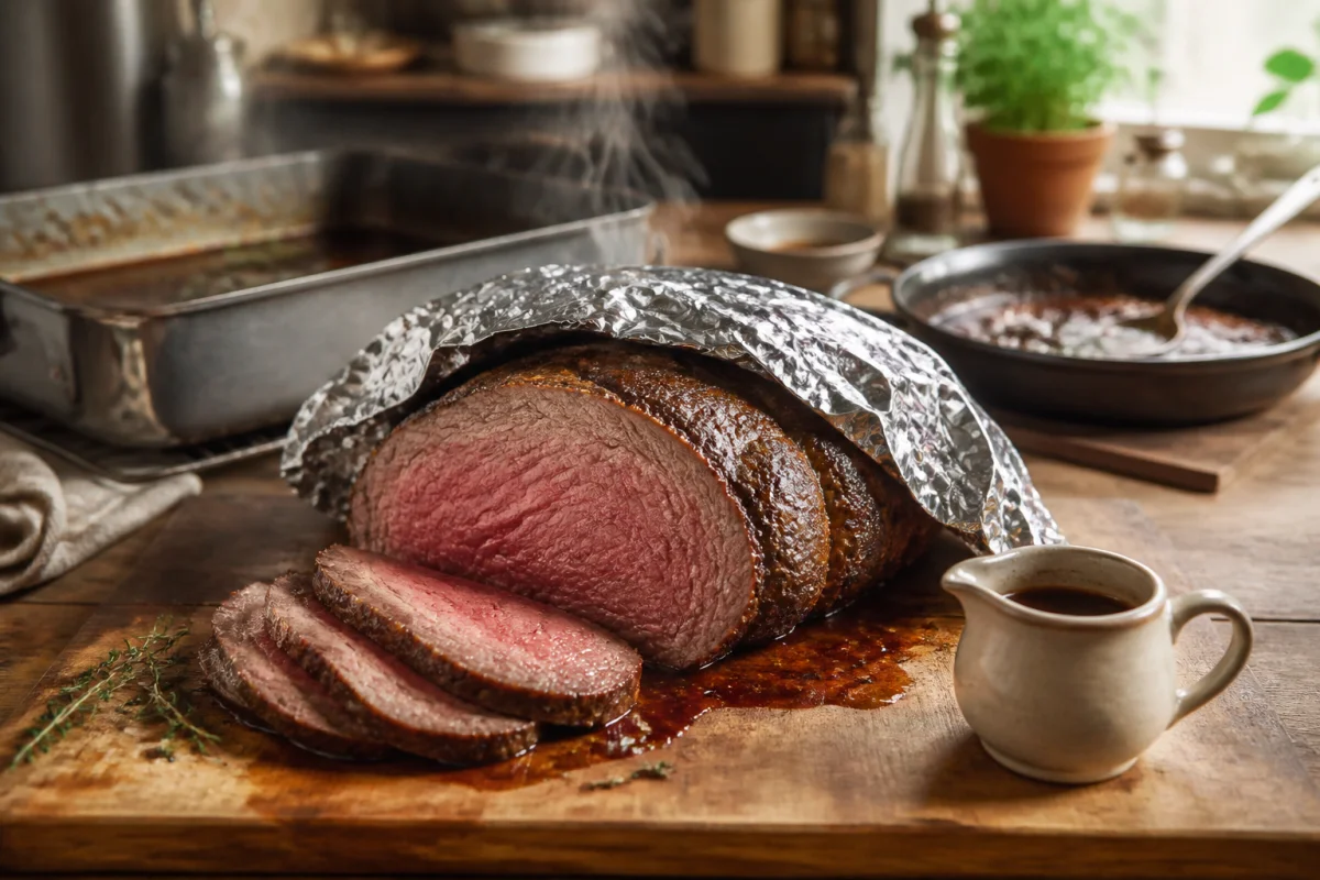 Rôti de bœuf fumant sur planche en bois, sauce réduite et papier aluminium, illustrant la cuisson du bœuf au four