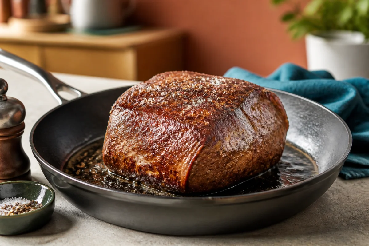 Rôti de bœuf doré saisi à la poêle, étape essentielle avant la cuisson du bœuf au four
