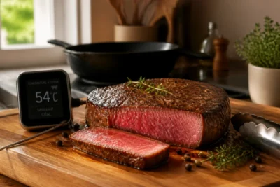 Steak de bœuf parfaitement saisi, cuisson rosée uniforme et thermomètre illustrant la cuisson parfaite de la viande