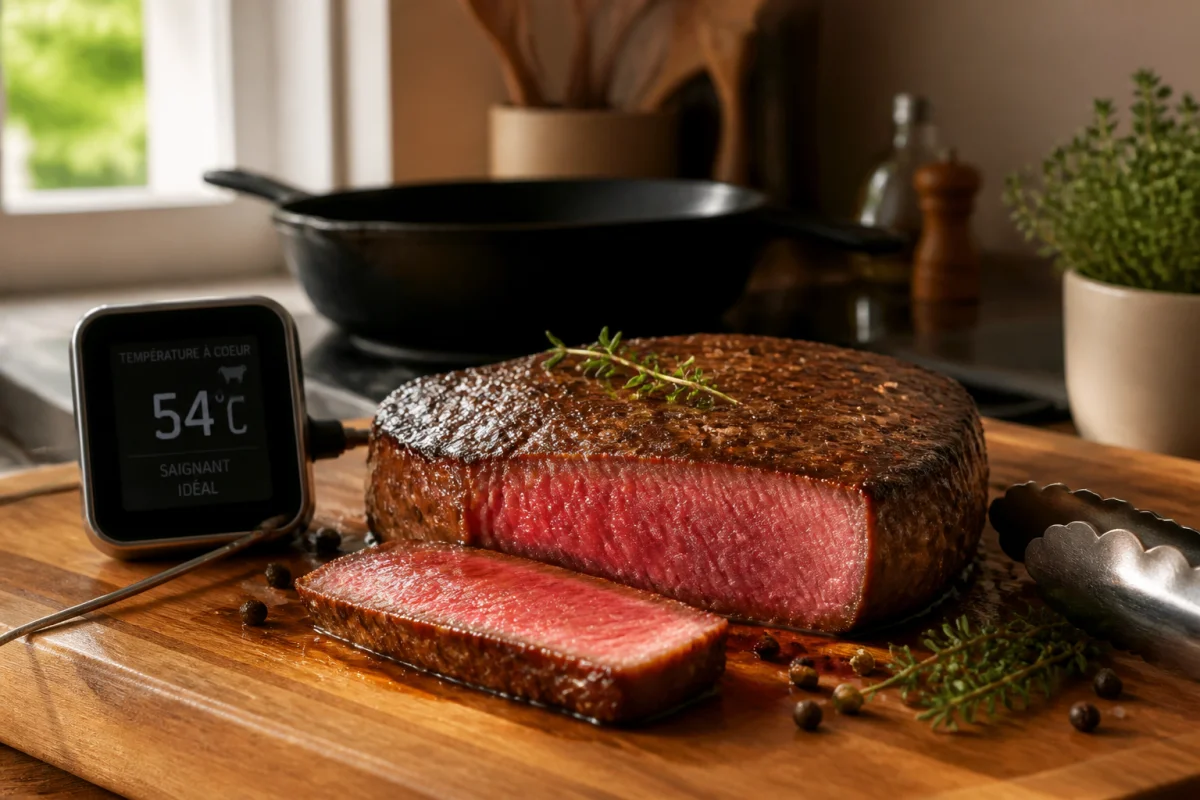 Steak de bœuf parfaitement saisi, cuisson rosée uniforme et thermomètre illustrant la cuisson parfaite de la viande