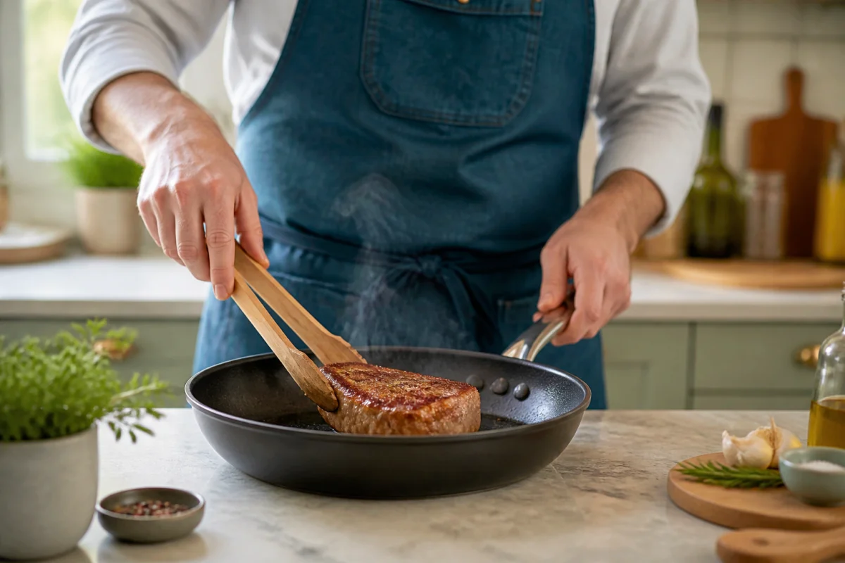 Cuisinier saisissant une viande dorée à la poêle, illustrant la cuisson parfaite de la viande dans une cuisine lumineuse
