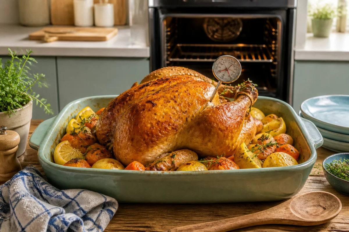 Volaille rôtie dorée au four avec thermomètre de cuisson, légumes, thym et citron dans une cuisine lumineuse