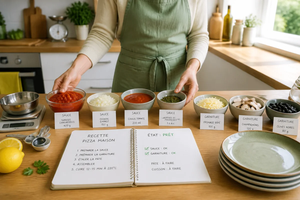 Personne en tablier vert sauge organisant des ingrédients mesurés et un carnet pour écrire une recette de cuisine claire