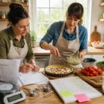 Rédactrice culinaire relisant une recette pendant qu’une testeuse suit les étapes en cuisine avec ingrédients mesurés et ustensiles