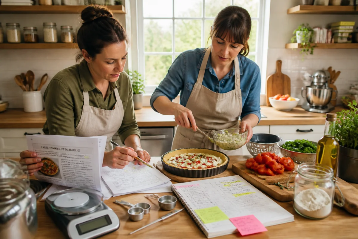 Rédactrice culinaire relisant une recette pendant qu’une testeuse suit les étapes en cuisine avec ingrédients mesurés et ustensiles